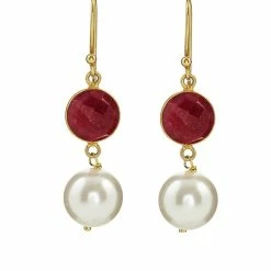 Promo 🔔 Liv Oliver 👩 women 18k Gold Plated Ruby & Pearl Drop Earrings 🎁