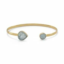 Hot Sale 🔔 Liv Oliver 👩 women 18k Gold Aquamarine Pear & Round Open Cuff Bangle 👏