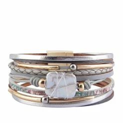 Outlet ⌛ Liv Oliver 👩 women 18k Gold Multi Row Grey Leather Pearl Bracelet 😍