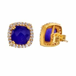 Brand new 🥰 Liv Oliver 👩 women 18k Gold Plated Sapphire Cushion Stud Earrings 🔔