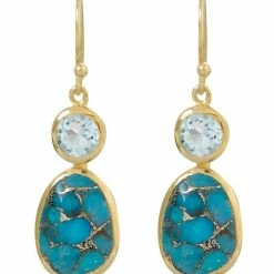 Cheapest 🤩 Liv Oliver 👩 women 18k Gold Blue Topaz & Turquoise Drop Earrings 💯