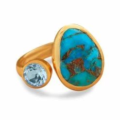 Budget 🔥 Liv Oliver 👩 women 18k Gold Plated Blue Topaz & Turquoise Ring ⭐