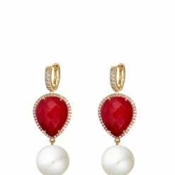 Outlet 🛒 Liv Oliver 👩 women 18k Gold Ruby Embelished Pearl Drop Earrings 🤩