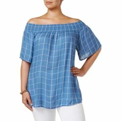 Best Pirce ⭐ Style & Co. 👩 Womens Checkered Off the Shoulder Casual Top 👍