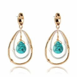 New 🔔 Liv Oliver 👩 women 18k Gold & Silver Two Tone Oval Turquoise Earrings 🥰