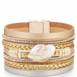Budget 🌟 Liv Oliver 👩 women 18k Gold Multi Row Champagne Leather Pearl Bracelet 🔔